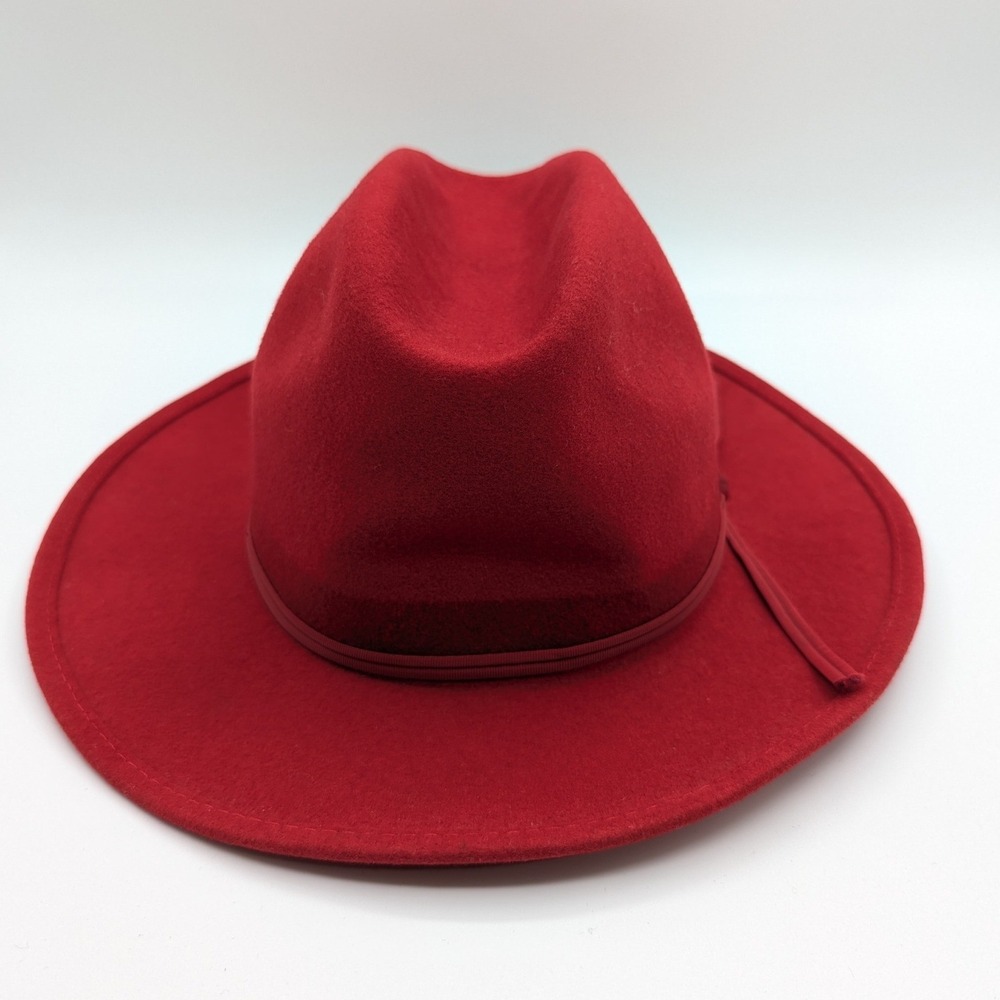 Red Wool Felt Wide Brim Fedora Hat Made in USA L Pinched Crown Grosgrain Band